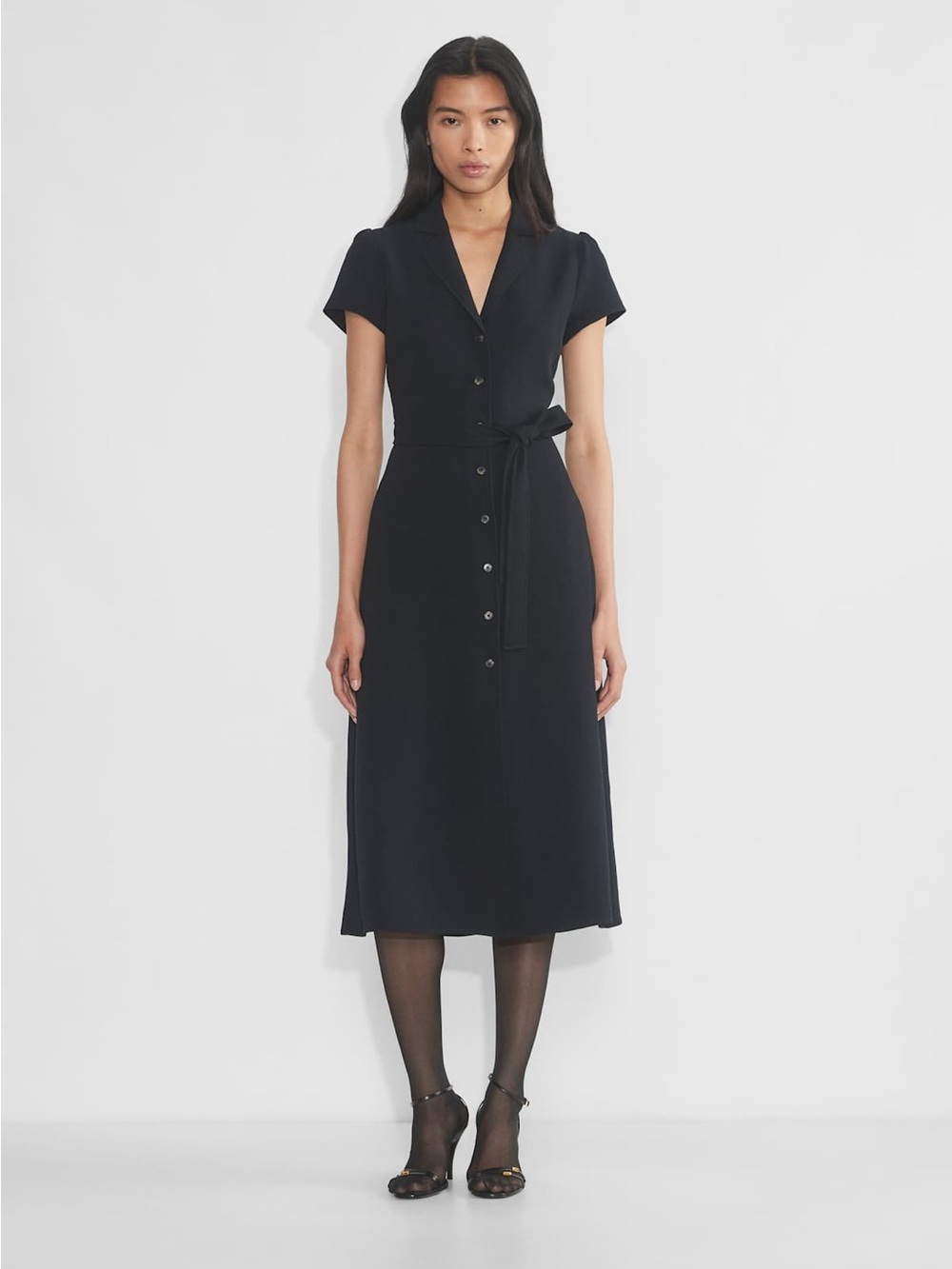 Aritzia Winifred Black Button-Front Midi Dress with Self-Tie Belt